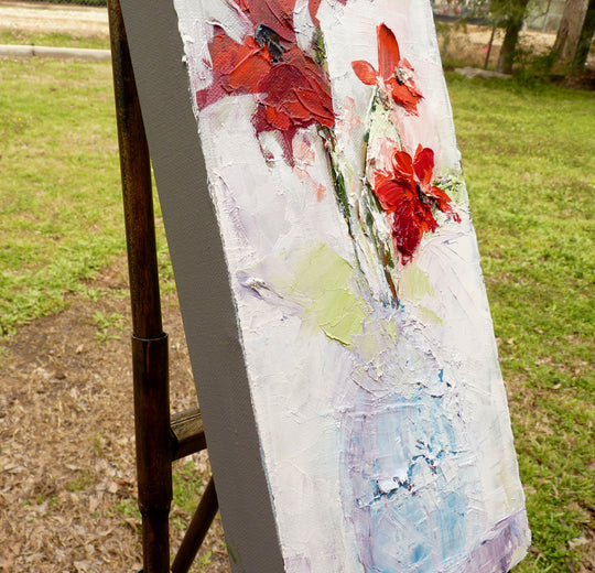 Red Flowers by Judy Mackey |  Side View of Artwork 