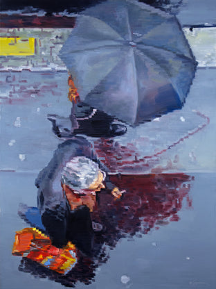 Original art for sale at UGallery.com | Umbrella and Smoker in Paris by Warren Keating | $2,650 | oil painting | 40' h x 30' w | photo 1