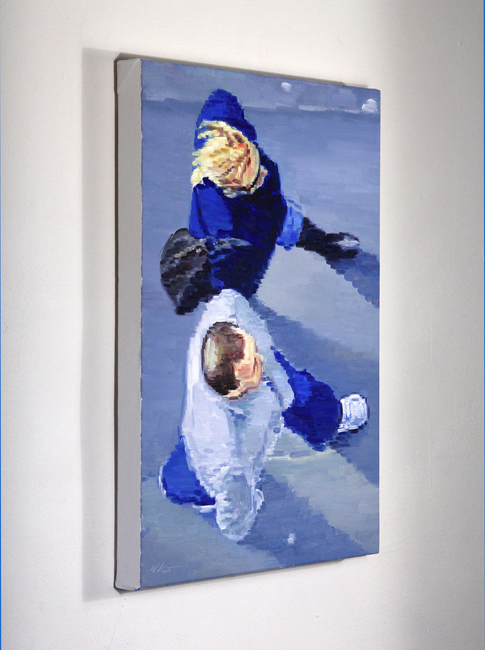 Couple in Blue Walking in Paris by Warren Keating |  Closeup View of Artwork 