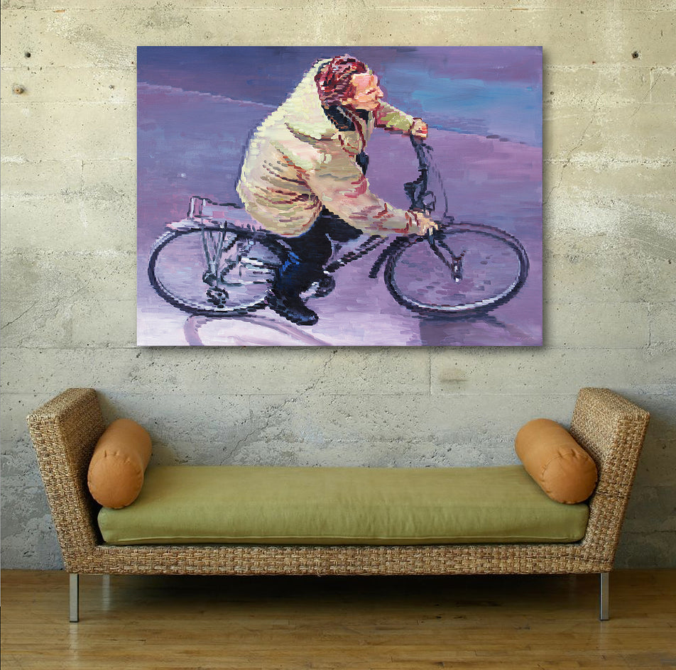 Parisian Man Riding Bicycle by Warren Keating |  Closeup View of Artwork 
