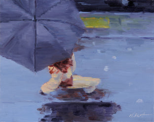 Original art for sale at UGallery.com | Parisian with Umbrella Wearing Winter Boots #2 by Warren Keating | $400 | oil painting | 8' h x 10' w | photo 1
