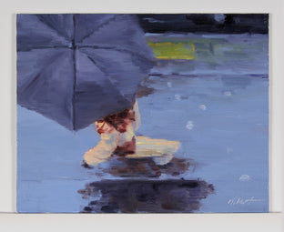 Original art for sale at UGallery.com | Parisian with Umbrella Wearing Winter Boots #2 by Warren Keating | $400 | oil painting | 8' h x 10' w | photo 2