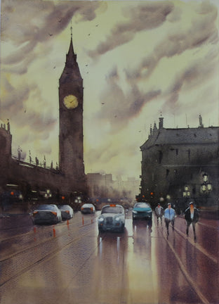 Original art for sale at UGallery.com | Big Ben from Westminster Bridge by Swarup Dandapat | $550 | watercolor painting | 16.6' h x 11.7' w | photo 1