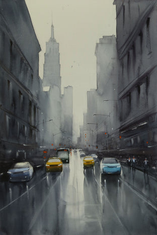 Original art for sale at UGallery.com | Walking in the Rain by Swarup Dandapat | $750 | watercolor painting | 22' h x 15' w | photo 1