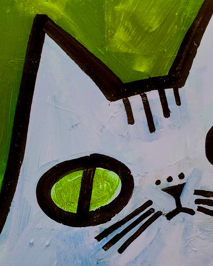 Blue Cat on Green by Jessica JH Roller |   Closeup View of Artwork 