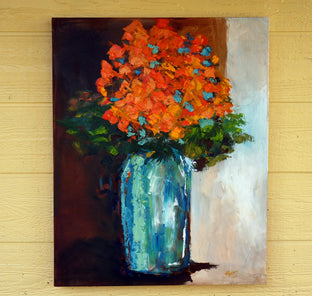 Original art for sale at UGallery.com | Orange Flowers in Aqua by Judy Mackey | $1,400 | oil painting | 30' h x 24' w | photo 1