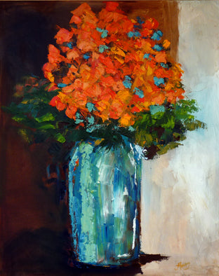 Original art for sale at UGallery.com | Orange Flowers in Aqua by Judy Mackey | $1,400 | oil painting | 30' h x 24' w | photo 3