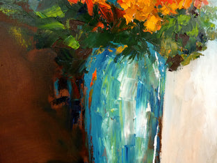 Original art for sale at UGallery.com | Orange Flowers in Aqua by Judy Mackey | $1,400 | oil painting | 30' h x 24' w | photo 2