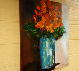 Original art for sale at UGallery.com | Orange Flowers in Aqua by Judy Mackey | $1,400 | oil painting | 30' h x 24' w | photo 4
