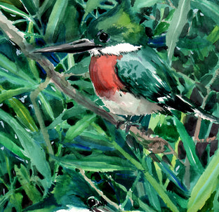 Original art for sale at UGallery.com | Green Kingfishers in the Forest (Green Composition) by Suren Nersisyan | $475 | watercolor painting | 17' h x 11' w | photo 4