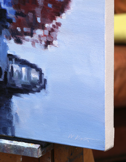 Couple under Orange Umbrella in Paris by Warren Keating |  Side View of Artwork 