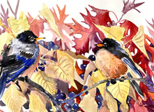 Original art for sale at UGallery.com | American Robins and Fall Foliage by Suren Nersisyan | $500 | watercolor painting | 18' h x 24' w | thumbnail 4