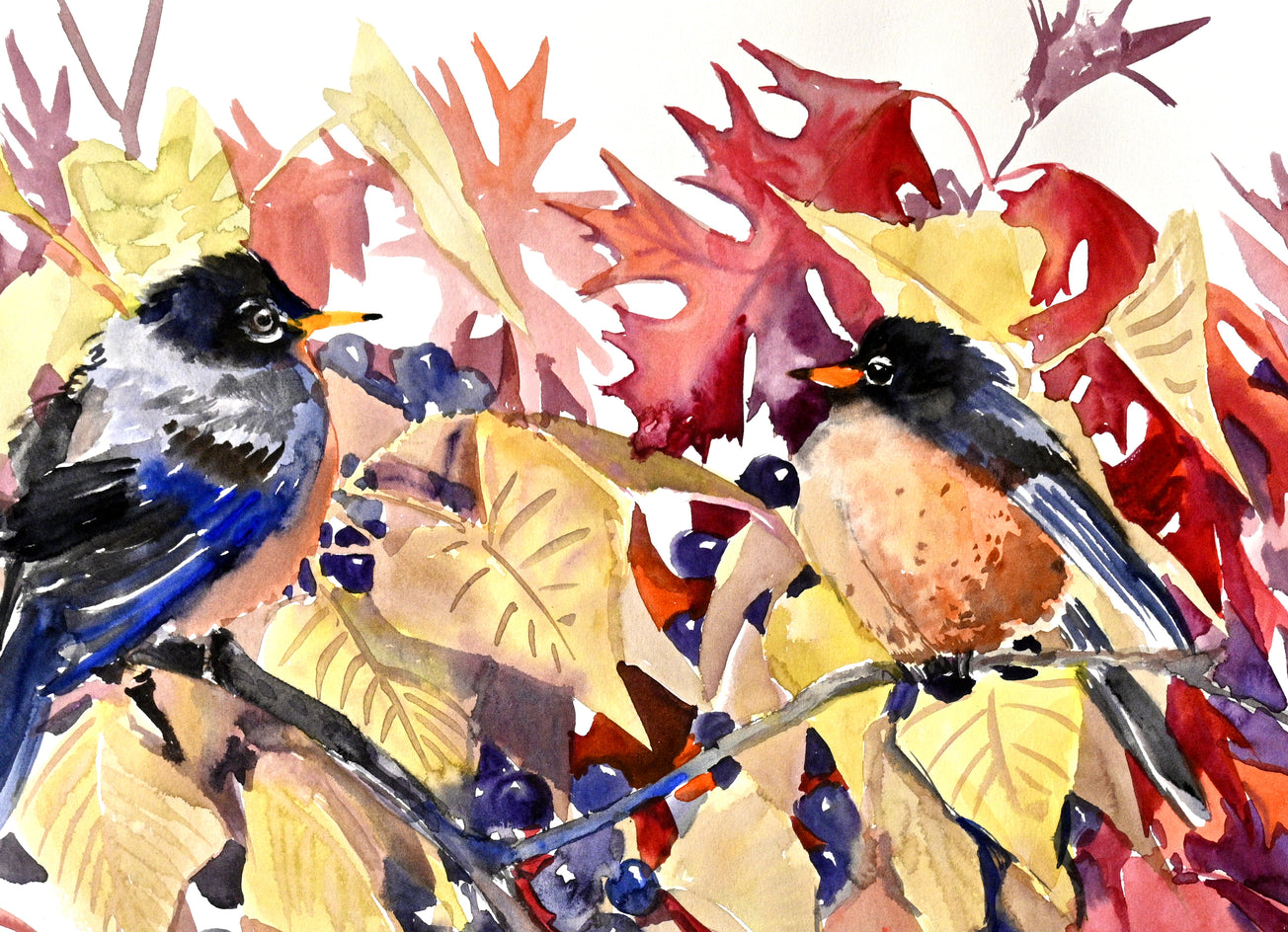 American Robins and Fall Foliage by Suren Nersisyan |  Closeup View of Artwork 