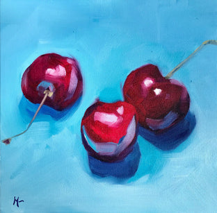 Original art for sale at UGallery.com | Three Cherries on Blue by Malia Pettit | $275 | oil painting | 10' h x 10' w | photo 1