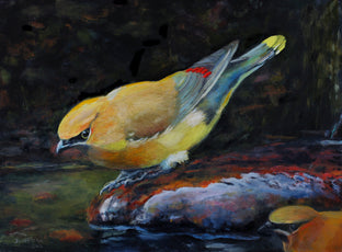 Original art for sale at UGallery.com | Waterfall and Waxwings by Jan Fontecchio Perley | $350 | oil painting | 9' h x 12' w | photo 1