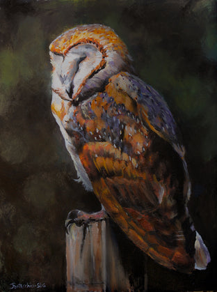 Original art for sale at UGallery.com | Barn Owl Blues by Jan Fontecchio Perley | $875 | oil painting | 14' h x 11' w | photo 1
