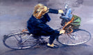 Original art for sale at UGallery.com | Hotelier On Bicycle In Paris by Warren Keating | $5,450 | oil painting | 36' h x 60' w | thumbnail 1