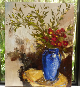 Original art for sale at UGallery.com | Bamboo Leaves and Blue Vase by Judy Mackey | $1,500 | oil painting | 30' h x 24' w | photo 3