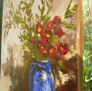 Original art for sale at UGallery.com | Bamboo Leaves and Blue Vase by Judy Mackey | $1,500 | oil painting | 30' h x 24' w | photo 2