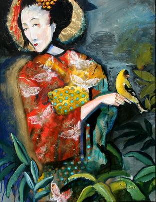 Original art for sale at UGallery.com | Tropical Night Geisha with Yellow Bird by Scott Dykema | $2,075 | mixed media artwork | 48' h x 36' w | photo 1