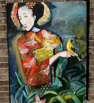 Original art for sale at UGallery.com | Tropical Night Geisha with Yellow Bird by Scott Dykema | $2,075 | mixed media artwork | 48' h x 36' w | photo 4