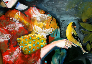 Original art for sale at UGallery.com | Tropical Night Geisha with Yellow Bird by Scott Dykema | $2,075 | mixed media artwork | 48' h x 36' w | photo 3