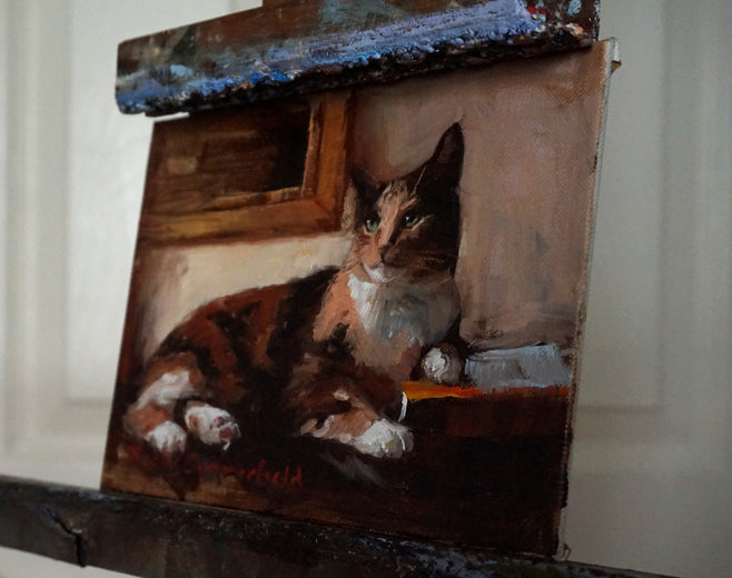 Cat and Books II by Jonelle Summerfield |  Side View of Artwork 