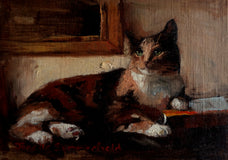 Original art for sale at UGallery.com | Cat and Books II by Jonelle Summerfield | $300 | oil painting | 5' h x 7' w | thumbnail 1