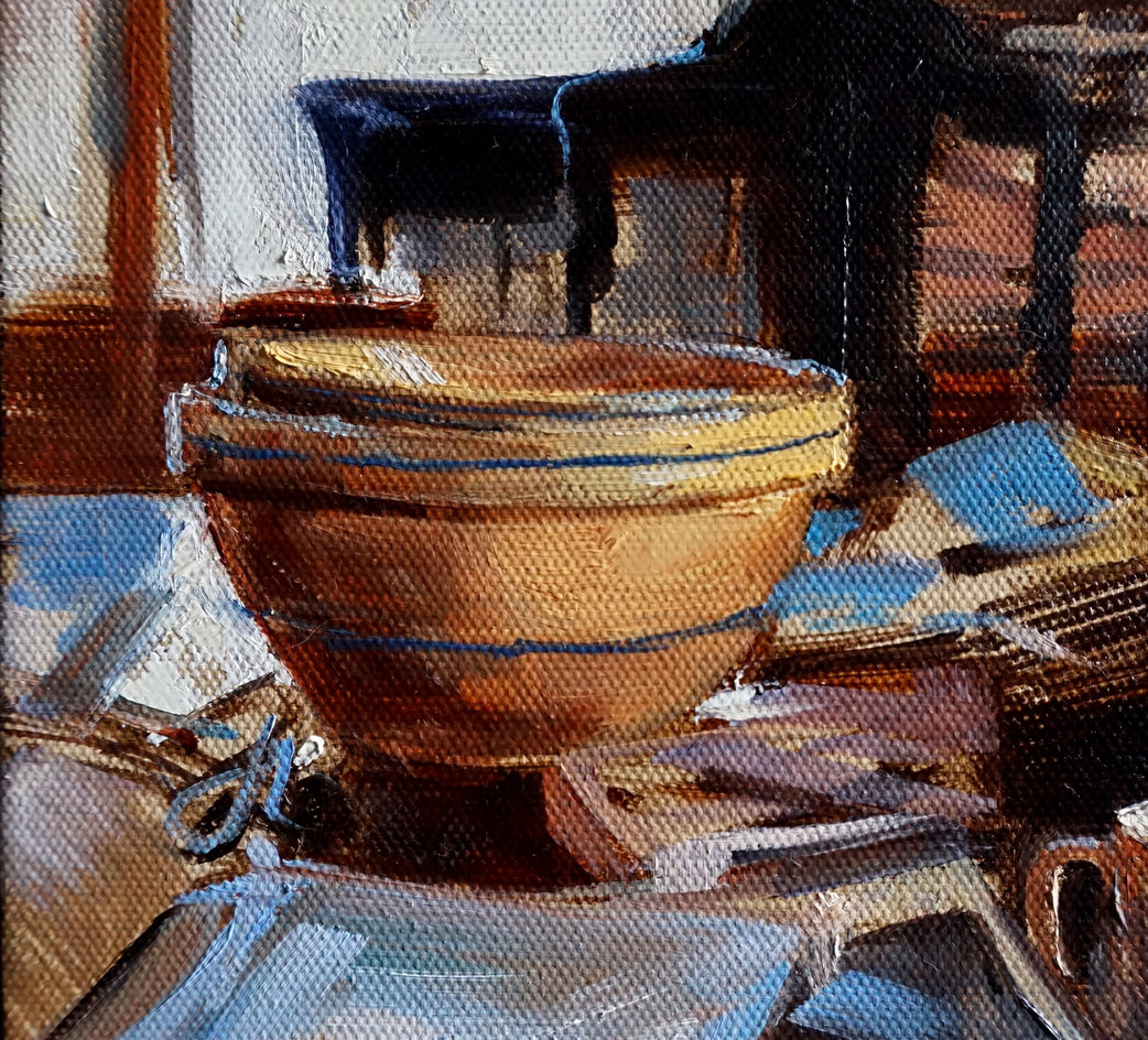 Cat on a Messy Table by Jonelle Summerfield |  Closeup View of Artwork 