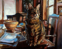 Original art for sale at UGallery.com | Cat on a Messy Table by Jonelle Summerfield | $550 | oil painting | 11' h x 14' w | thumbnail 1