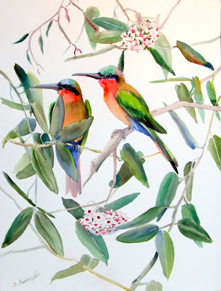 Original art for sale at UGallery.com | Bee Eaters and Hoya by Suren Nersisyan | $450 | watercolor painting | 24' h x 18' w | photo 1
