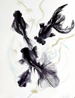 Original art for sale at UGallery.com | Four Black Fish by Suren Nersisyan | $225 | watercolor painting | 16' h x 12' w | photo 1