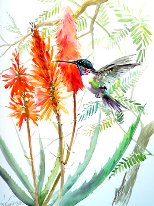 Original art for sale at UGallery.com | Hummingbird and Aloe by Suren Nersisyan | $575 | watercolor painting | 24' h x 18' w | photo 1