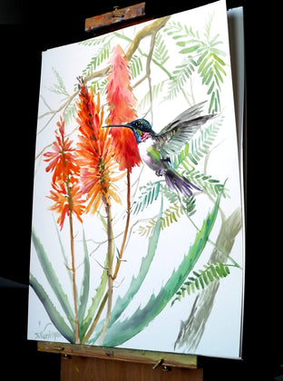 Original art for sale at UGallery.com | Hummingbird and Aloe by Suren Nersisyan | $575 | watercolor painting | 24' h x 18' w | photo 2