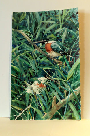 Original art for sale at UGallery.com | Green Kingfishers in the Forest (Green Composition) by Suren Nersisyan | $475 | watercolor painting | 17' h x 11' w | photo 2