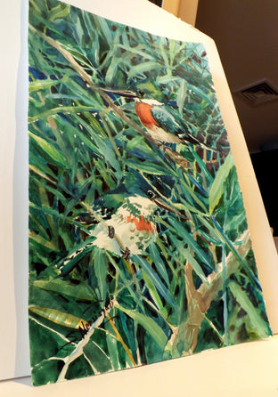 Original art for sale at UGallery.com | Green Kingfishers in the Forest (Green Composition) by Suren Nersisyan | $475 | watercolor painting | 17' h x 11' w | photo 3