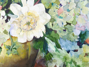 Original art for sale at UGallery.com | Dahlias and Hydrangeas in Brass Vase by Catherine McCargar | $875 | watercolor painting | 15' h x 20' w | photo 4