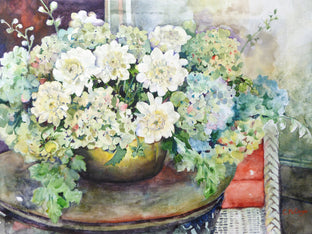 Original art for sale at UGallery.com | Dahlias and Hydrangeas in Brass Vase by Catherine McCargar | $875 | watercolor painting | 15' h x 20' w | photo 1