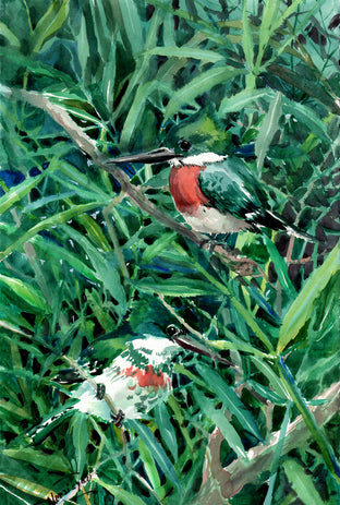 Original art for sale at UGallery.com | Green Kingfishers in the Forest (Green Composition) by Suren Nersisyan | $475 | watercolor painting | 17' h x 11' w | photo 1