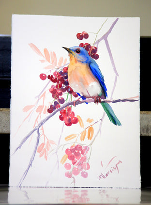 Eastern Bluebird and Berries by Suren Nersisyan |  Side View of Artwork 
