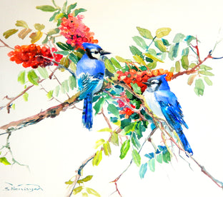 Original art for sale at UGallery.com | Blue Jays and Rowan Tree (Birds and Flowers) by Suren Nersisyan | $525 | watercolor painting | 18' h x 19' w | photo 1
