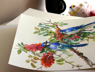 Original art for sale at UGallery.com | Blue Jays and Rowan Tree (Birds and Flowers) by Suren Nersisyan | $525 | watercolor painting | 18' h x 19' w | photo 3