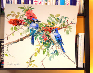 Original art for sale at UGallery.com | Blue Jays and Rowan Tree (Birds and Flowers) by Suren Nersisyan | $525 | watercolor painting | 18' h x 19' w | photo 4