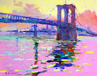 Original art for sale at UGallery.com | Brooklyn Bridge before Sunrise (Pink Shades) by Suren Nersisyan | $1,350 | oil painting | 22' h x 28' w | photo 1