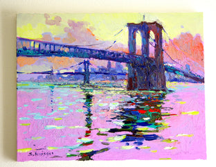 Original art for sale at UGallery.com | Brooklyn Bridge before Sunrise (Pink Shades) by Suren Nersisyan | $1,350 | oil painting | 22' h x 28' w | photo 2