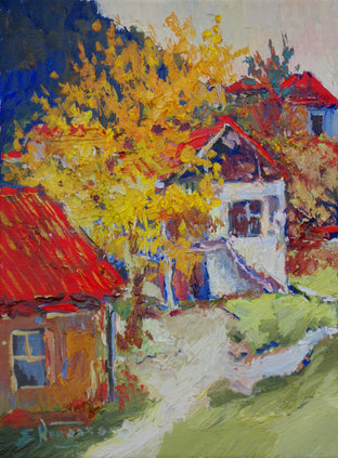 Original art for sale at UGallery.com | Yellow Fall Tree and Old Houses by Suren Nersisyan | $275 | oil painting | 12' h x 9' w | photo 1