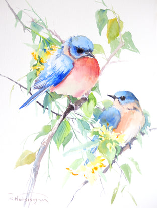 Original art for sale at UGallery.com | Bluebirds and Linden Tree by Suren Nersisyan | $300 | watercolor painting | 16' h x 12' w | photo 1