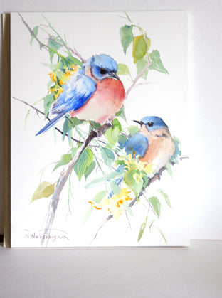 Original art for sale at UGallery.com | Bluebirds and Linden Tree by Suren Nersisyan | $300 | watercolor painting | 16' h x 12' w | photo 4