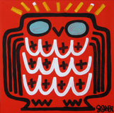 Original art for sale at UGallery.com | Red Owl with Cross Feathers by Jessica JH Roller | $300 | acrylic painting | 10' h x 10' w | thumbnail 1