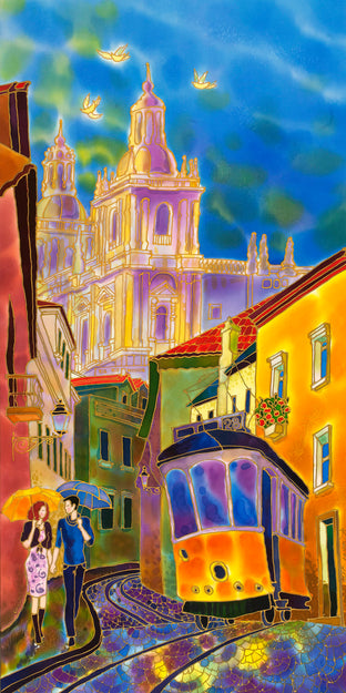 Original art for sale at UGallery.com | Sun After the Rain, Street in Lisbon, Portugal by Yelena Sidorova | $1,275 | mixed media artwork | 36' h x 18' w | photo 1